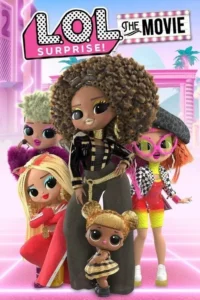 Pôster: Cinco bonecas estilosas em primeiro plano, uma com cabelo cacheado grande e roupa dourada. Fundo glamouroso rosa com neon. Clima festivo e vibrante.