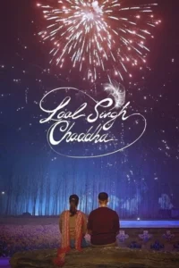 Duas pessoas de costas sentadas em um tronco,observam fogos de artifício no céu estrelado sobre uma floresta. Clima romântico e noturno.