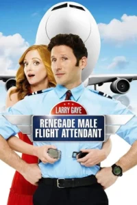 Pôster cômico:Homem em uniforme de comissário de bordo,mulher surpresa o abraça. Avião branco ao fundo,céu azul. Ele segura fivelas de cinto.