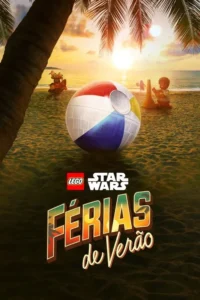 Pôster de praia tropical ao pôr do sol. Bola de praia Estrela da Morte no centro,com minifiguras LEGO brincando na areia.