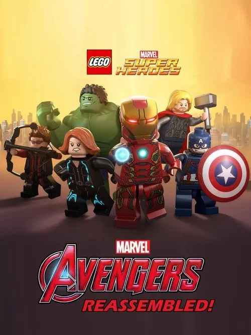 Seis heróis Lego em poses de ação,com uma cidade ao fundo sob um céu dourado. Clima épico de aventura.