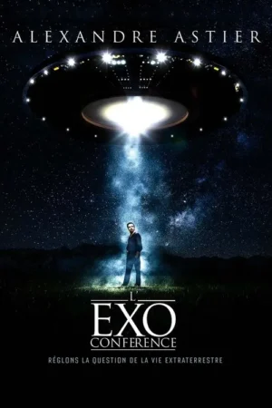 Homem barbudo sob feixe de luz azul de um OVNI no céu estrelado, sobre paisagem escura. Clima sci-fi e misterioso.