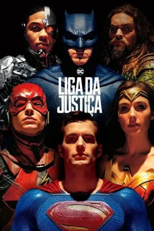 Pôster com seis super-heróis em trajes coloridos e marcantes posam contra fundo escuro. Inclui ciborgue,mascarado e heróis com símbolos. Clima sério e heroico.