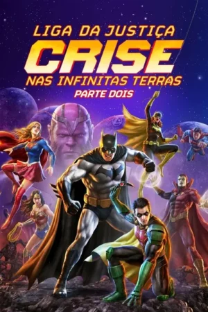 Vários super-heróis em pose de ação, como Batman e Supergirl, contra um vilão roxo gigante e cenário espacial com planetas.