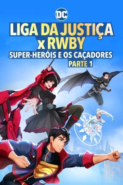 Quatro heróis estilo anime em ação. Homem com S no peito, homem alado, mulher de vermelho com foice e mulher de branco com espada. Céu azul e cidade ao fundo.