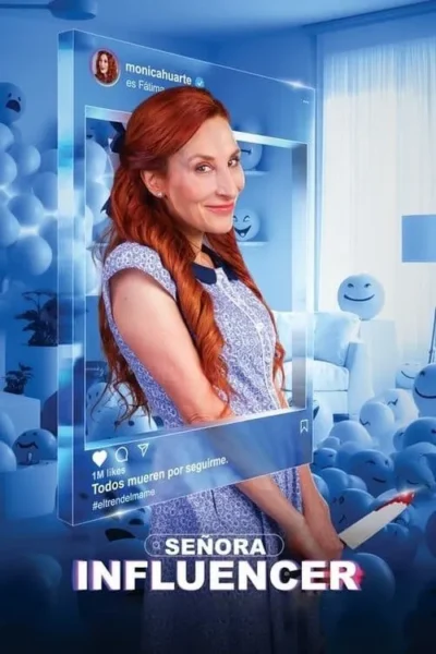 Mulher ruiva sorrindo em um quadro de rede social, com faca ensanguentada atrás. Fundo azul com emojis e sala.