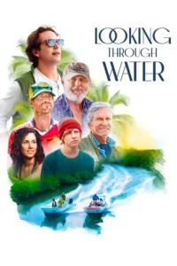 Seis personagens (homens e mulher) em cenário tropical com palmeiras,água azul e dois barcos motorizados. Clima de aventura.