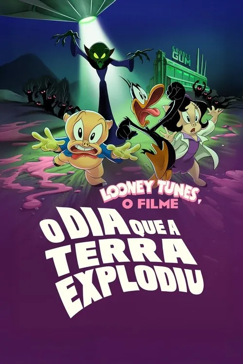 Porquinho, pato e porquinha assustados fogem de alienígena e criaturas sombrias sob luz verde de OVNI. Cenário caótico noturno.