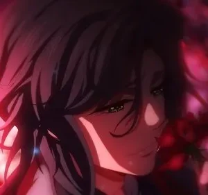 Personagem anime de cabelo escuro cheira uma rosa vermelha com olhar melancólico. Fundo dramático em tons de vermelho e roxo, sugerindo romance.
