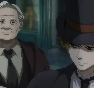 Um senhor sorridente e um jovem elegante de cartola, com um olhar misterioso, em um ambiente clássico.