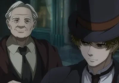 Um senhor sorridente e um jovem elegante de cartola, com um olhar misterioso, em um ambiente clássico.