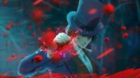 Homem de anime de cartola, punho emitindo energia vermelha. Fundo escuro pontilhado de vermelho. Clima sombrio e poderoso.