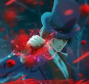 Homem de anime de cartola, punho emitindo energia vermelha. Fundo escuro pontilhado de vermelho. Clima sombrio e poderoso.