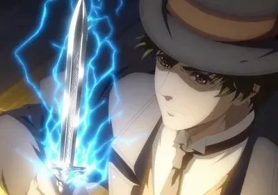 Homem de anime com chapéu e terno segura uma adaga envolta em relâmpagos azuis, olhar sério. Fundo escuro com brilho.