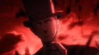 Anime: Homem de cartola e olhos brilhantes, com sorriso sinistro e mão estendida. Fundo vermelho escuro, clima intenso.