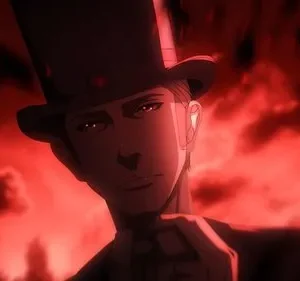 Anime: Homem de cartola e olhos brilhantes, com sorriso sinistro e mão estendida. Fundo vermelho escuro, clima intenso.