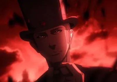 Anime: Homem de cartola e olhos brilhantes, com sorriso sinistro e mão estendida. Fundo vermelho escuro, clima intenso.