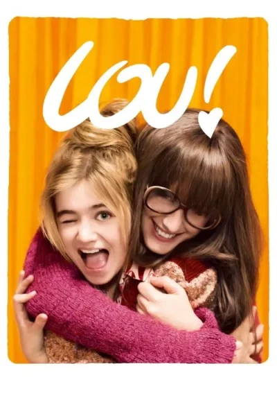 Duas adolescentes se abraçam em um fundo laranja. Uma pisca e grita de alegria; a outra, de óculos, sorri. Pôster vibrante e divertido.