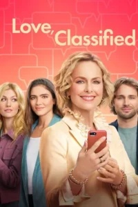 Pôster alegre com três mulheres e um homem sorrindo. A mulher central loira segura um celular, e o fundo tem bolhas de fala.