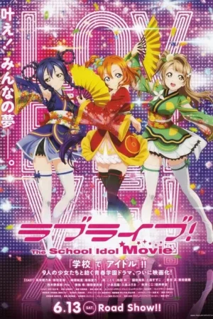 Três garotas anime em vibrantes trajes japoneses dançam com leques. O fundo rosa neon e com confetes cria um clima festivo e energético.