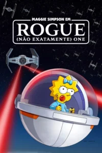 Bebê dos Simpsons com laço azul pilota cápsula espacial. Caças estelares disparam lasers vermelhos em perseguição no espaço.