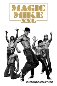 Pôster em preto e branco com cinco homens musculosos e sem camisa,em jeans,dançando e posando com energia em fundo branco.