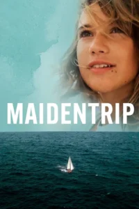 Jovem mulher com cabelo ao vento olhando para o alto, sobreposta a um oceano escuro com um veleiro solitário. Clima de aventura e exploração.