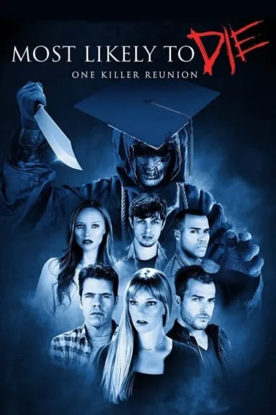 Pôster: assassino encapuzado com capelo e faca, em fundo azul escuro, paira sobre seis jovens apavorados. Clima de terror.