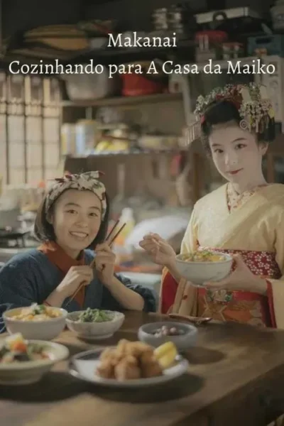 Duas jovens japonesas sorriem à mesa farta. Uma maiko elegante e outra com pauzinhos, num ambiente acolhedor.