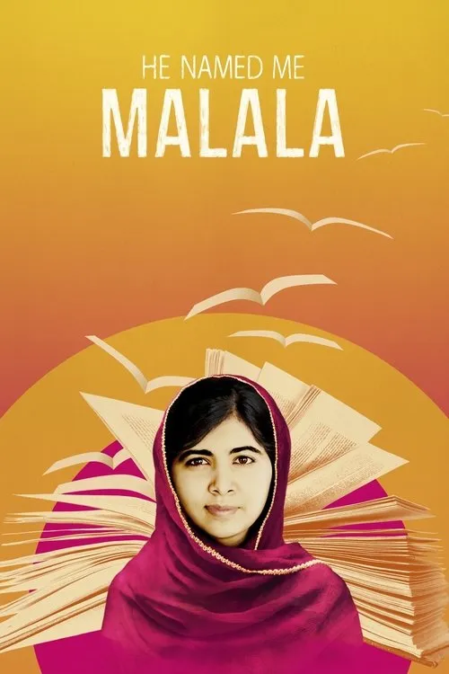 Malala 1 Retrato de jovem mulher de lenço rosa. Fundo laranja com livros abertos e pássaros brancos. Clima de inspiração e educação.
