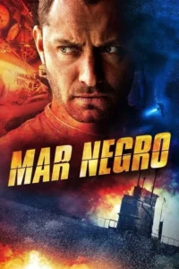 Homem barbudo e sério ocupa o topo. Fundo: maquinaria vermelha e mar azul com um submarino submerso. Clima de tensão.
