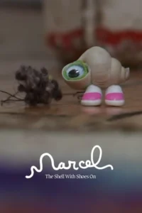 Uma pequena concha com um olho e sapatos rosa sobre um piso de madeira, perto de um novelo de poeira. Clima charmoso e miniatura.