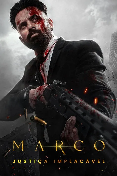 Marco 1 Homem barbudo ensanguentado de terno,segurando uma metralhadora com cartuchos e faíscas no ar. Fundo urbano sombrio.