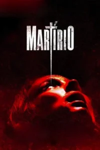 Pôster vermelho-escuro com rosto em agonia,banhado em luz intensa,olhando para cima. Uma linha branca atravessa em direção ao olho. Horror visceral.