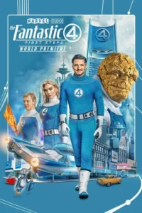 Quatro heróis em uniformes azuis e brancos com 4, incluindo um gigante de pedra, num cenário urbano retro-futurista.
