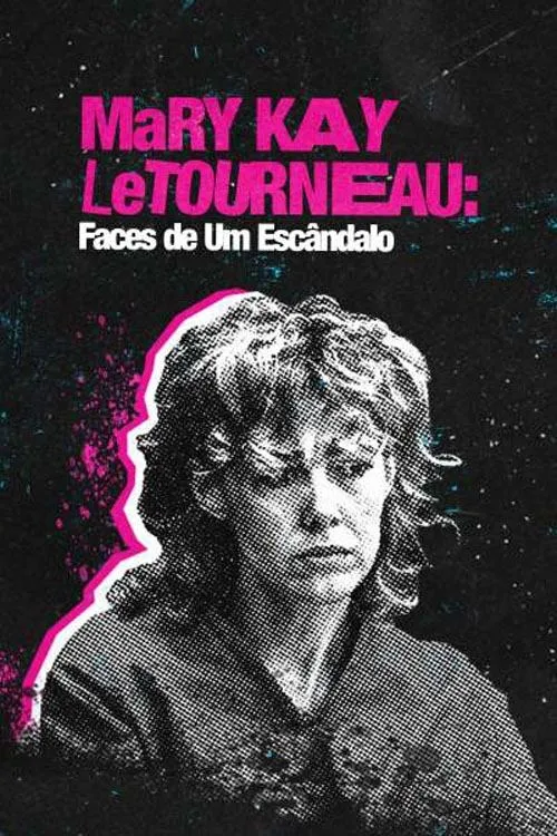 Mary Kay Letourneau:Faces de Um Escândalo 1 Mulher de cabelo ondulado em P&B com olhar sério. Contorno rosa neon e fundo escuro granulado com pontos de tinta. Clima intrigante.