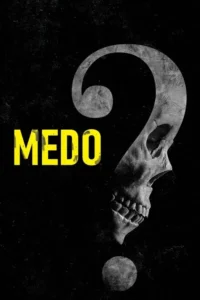 Pôster preto texturizado. Crânio cinza em perfil compõe um ponto de interrogação. Texto amarelo vibrante. Clima sombrio e enigmático.