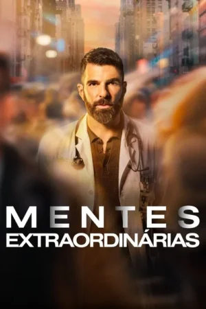Homem barbudo de jaleco médico olha fixamente para a câmera em meio a uma cidade movimentada e pessoas borradas.