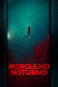 Pessoa nadando em piscina escura, braço estendido para cima. Nuvens vermelhas e profundas se espalham na água, evocando horror.
