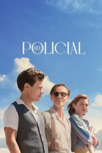 Três personagens em roupas vintage,dois homens e uma mulher,sob um céu azul claro. Olham em direções diferentes,sugerindo drama.