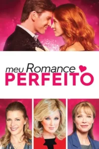 Pôster vibrante rosa. Um casal se toca romanticamente no topo;abaixo,três mulheres sorridentes em painéis individuais. Clima romântico e leve.
