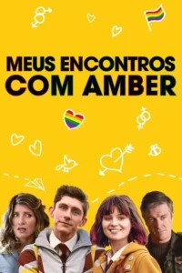 Pôster amarelo alegre com quatro pessoas (dois jovens, dois adultos) e símbolos de amor e bandeira LGBTQ+.