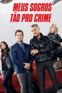 Um homem de terno sorridente,uma mulher e um casal mais velho de jaquetas de couro. Estão perto de um carro vermelho,com dinheiro caindo.