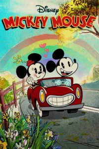 Ratos animados sorridentes num carro vermelho. Ela com corações,ele ao volante. Viajam por estrada campestre sob um arco-íris.