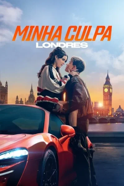 Um jovem casal em um momento íntimo sobre um carro esportivo vermelho. Ao fundo, o Big Ben e Londres ao pôr do sol, criando um clima romântico.