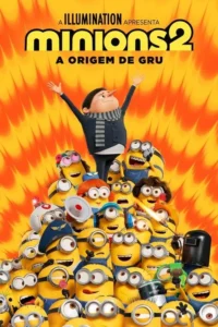 Jovem Gru triunfa com braços erguidos sobre uma pilha de Minions amarelos e animados,em um fundo vibrante e explosivo.