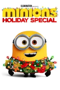 Um personagem amarelo e sorridente,com óculos,veste uma guirlanda festiva de Natal com luzes e ornamentos. Fundo branco.