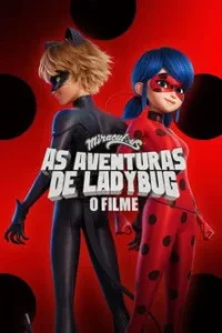 Pôster animado:Um rapaz de cabelo loiro em roupa preta de gato e uma garota de cabelo azul em roupa vermelha de joaninha. Fundo vermelho com bolinhas pretas.
