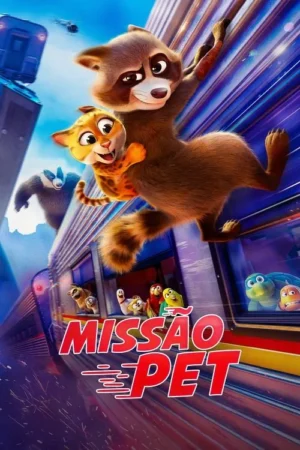 Guaxinim e guepardo saltam de um trem em movimento, com um texugo e outros animais observando. Cenário urbano, clima de aventura.