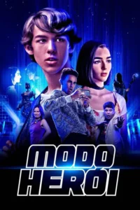 Pôster azul vibrante com jovem e garota em destaque. Vários adolescentes e crianças,um robô e figura encapuzada,em cenário digital futurista.